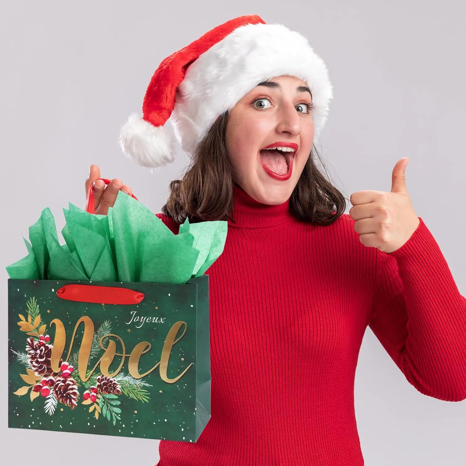 PAPER FAIR 12Pcs Red Green Metallic Gold Christmas Gift Bags Bulk, Medium 9x7 In, Gilded Xmas Tree Noel Gift Wrap Bags, Mistletoe Foiled Paper Favor Bag Gift Packaging for Thanksgiving Holiday New