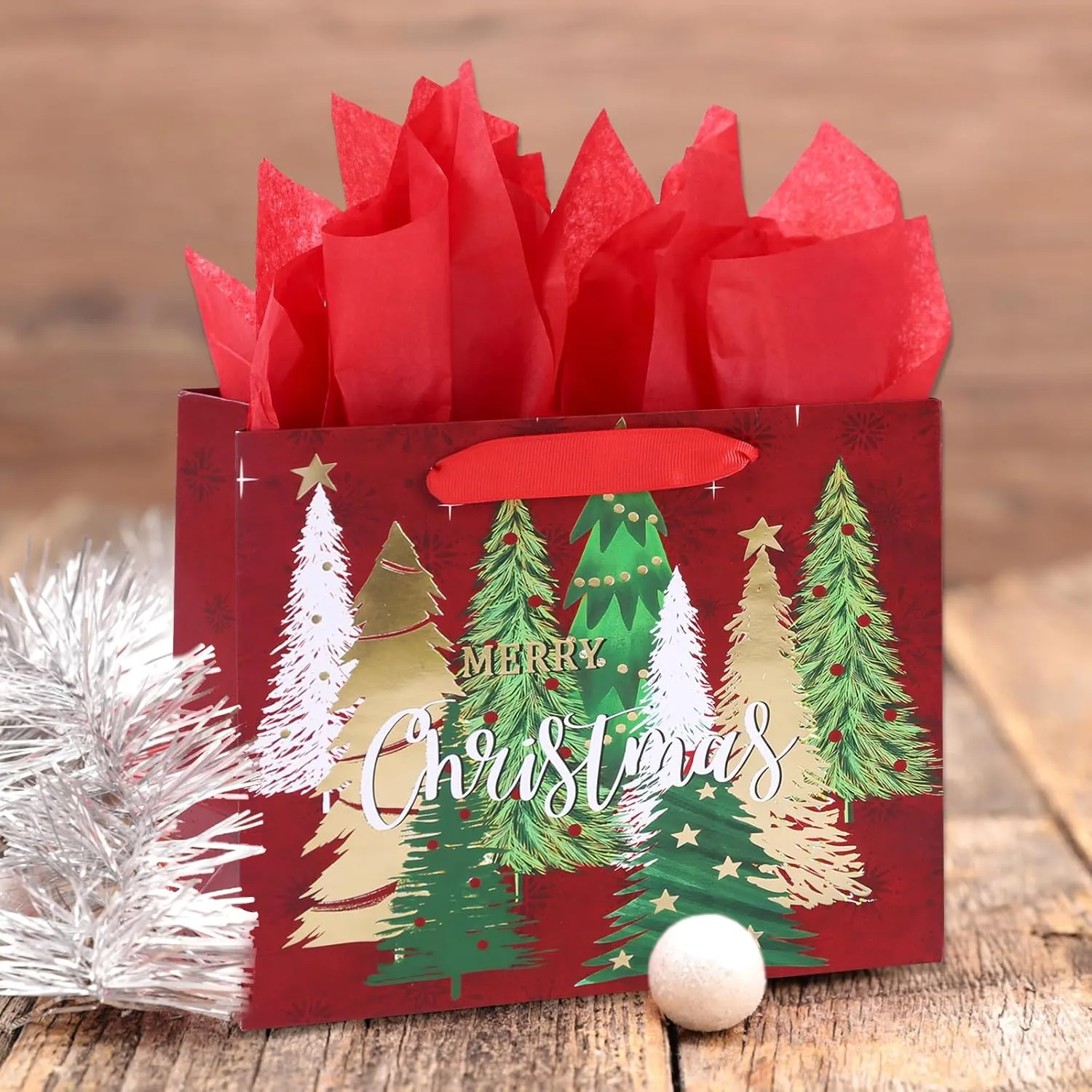 PAPER FAIR 12Pcs Red Green Metallic Gold Christmas Gift Bags Bulk, Medium 9x7 In, Gilded Xmas Tree Noel Gift Wrap Bags, Mistletoe Foiled Paper Favor Bag Gift Packaging for Thanksgiving Holiday New