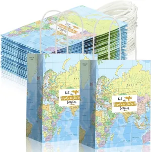 Patelai 24 Pcs Travel Party Favor Bags World Map Paper Gift Bags Let The Adventure Begins Themed Gift Wrapping for Travel Birthday Party Decorations Treat Goodie Supplies