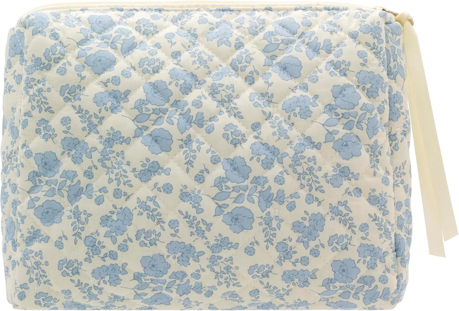 PAZIMIIK Cotton Makeup Bag for Women Large Quilted Travel Cosmetic Pouch Girls' Make Up Organizer,Little Flower Blue