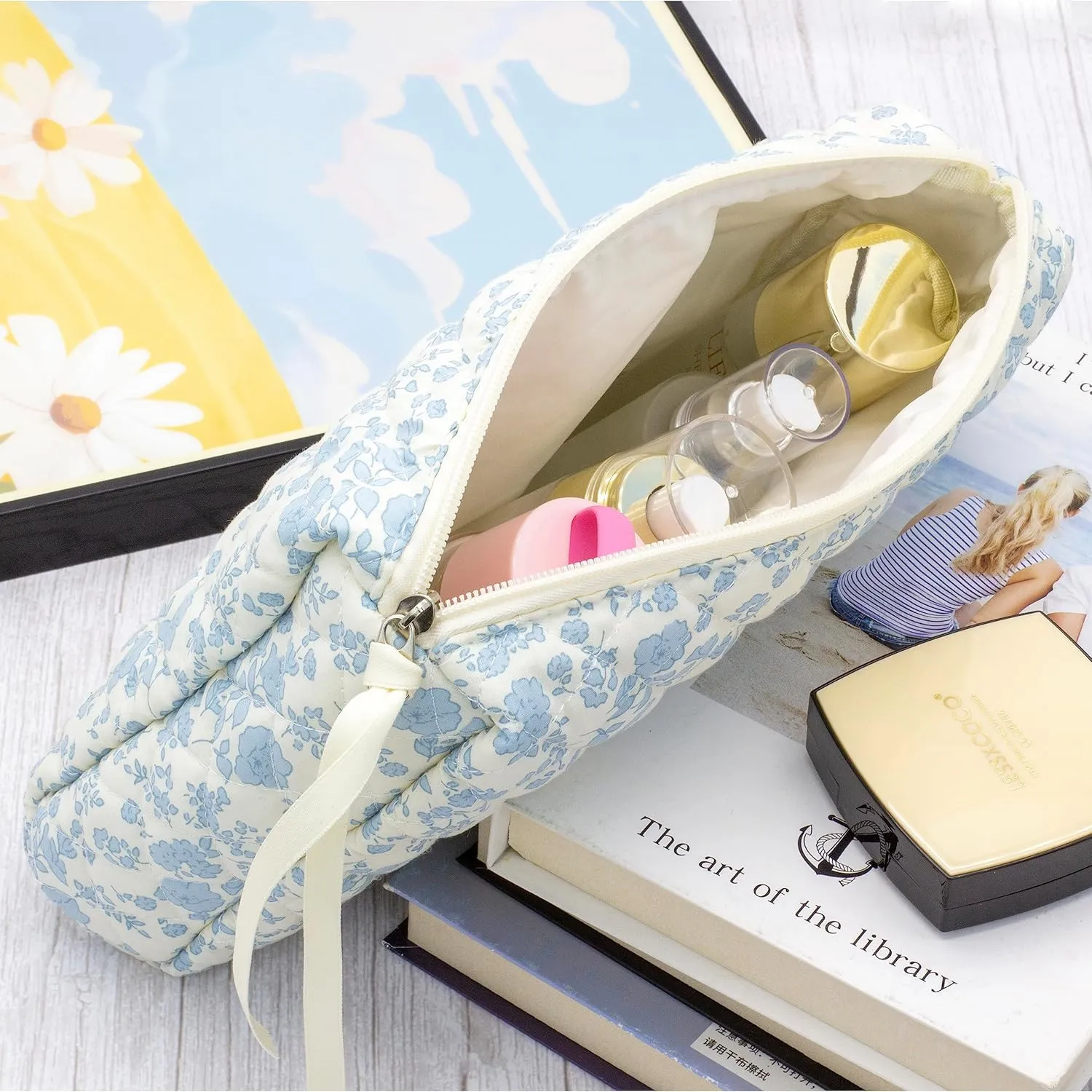 PAZIMIIK Cotton Makeup Bag for Women Large Quilted Travel Cosmetic Pouch Girls' Make Up Organizer,Little Flower Blue
