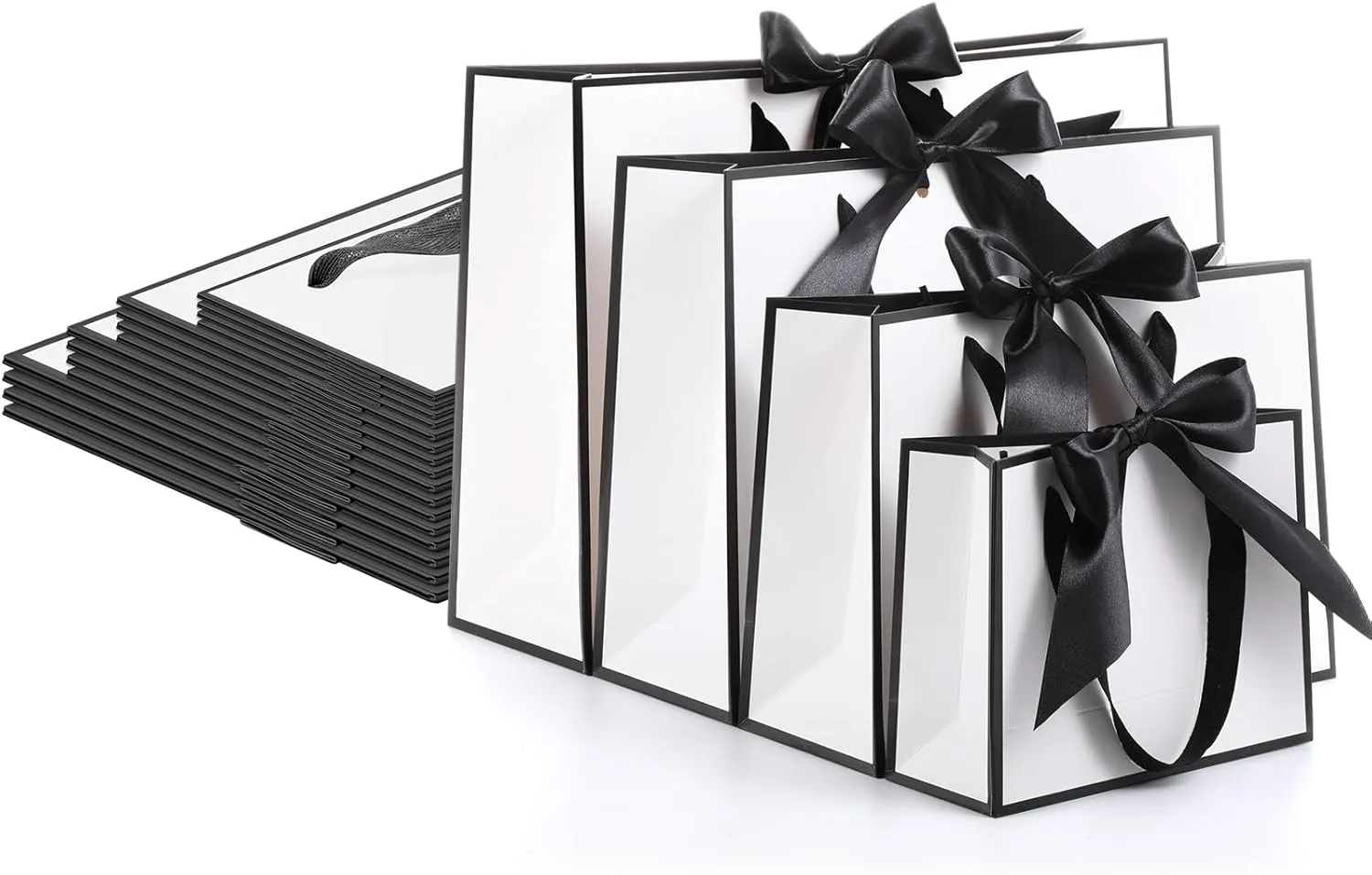 PerKoop 24 Pcs Gift Bags with Handles Thank You Kraft Paper Reusable Elegant Bags with Bow Ribbon 4 Sizes for Wedding,birthday,bridesmaid,anniversary,bridal Shower, Mother's Day(White Black)