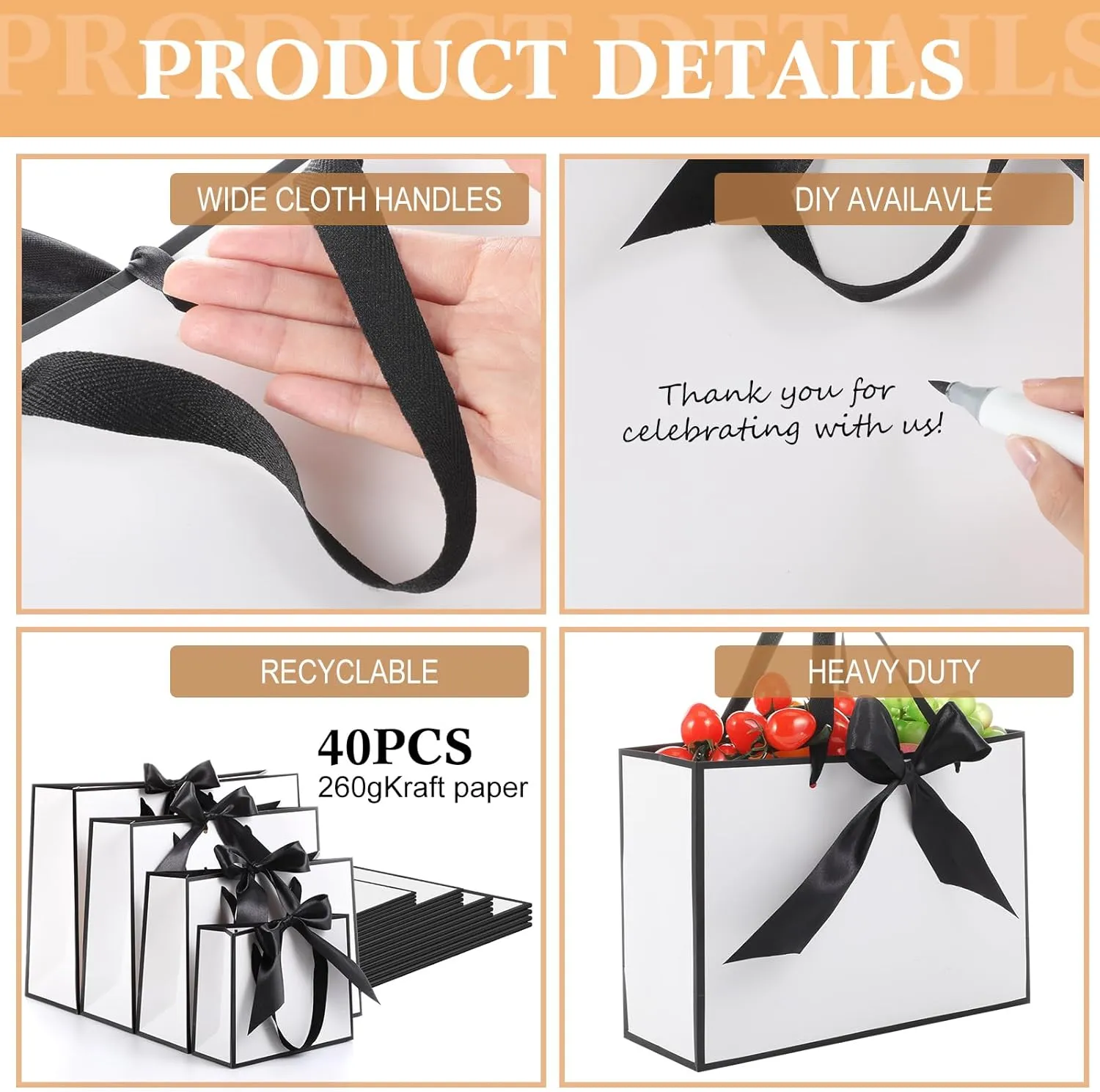 PerKoop 24 Pcs Gift Bags with Handles Thank You Kraft Paper Reusable Elegant Bags with Bow Ribbon 4 Sizes for Wedding,birthday,bridesmaid,anniversary,bridal Shower, Mother's Day(White Black)