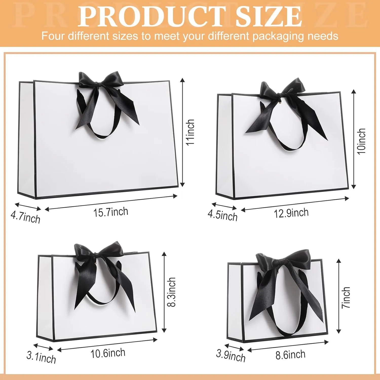 PerKoop 24 Pcs Gift Bags with Handles Thank You Kraft Paper Reusable Elegant Bags with Bow Ribbon 4 Sizes for Wedding,birthday,bridesmaid,anniversary,bridal Shower, Mother's Day(White Black)