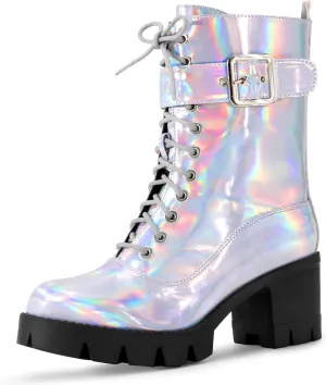 Perphy Platform Lace Up Round Toe Chunky Heel Combat Boots for Women