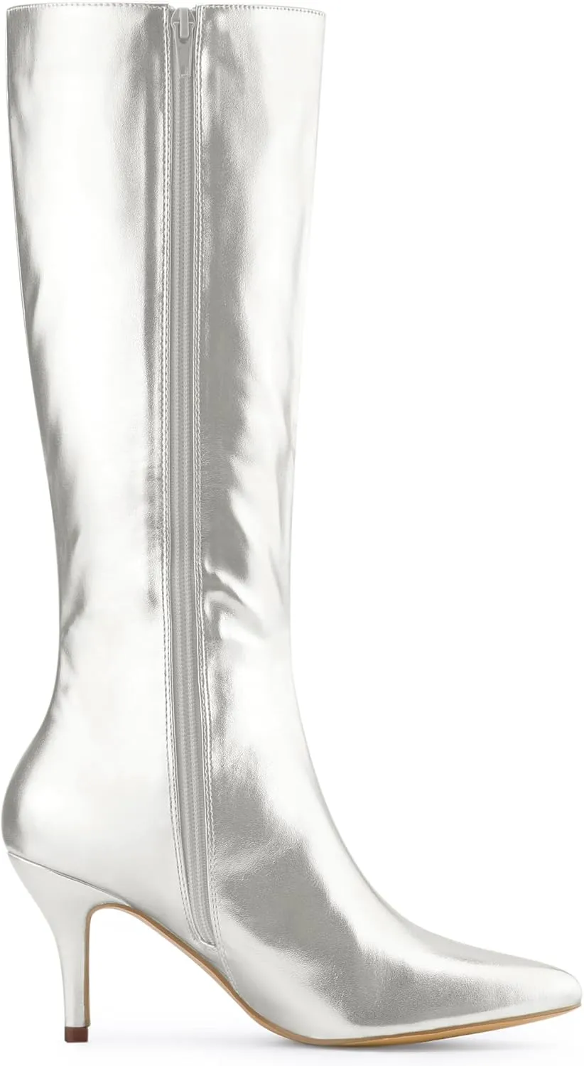 Perphy Pointed Toe Stiletto Heels Metallic Knee High Boots for Women