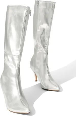 Perphy Pointed Toe Stiletto Heels Metallic Knee High Boots for Women
