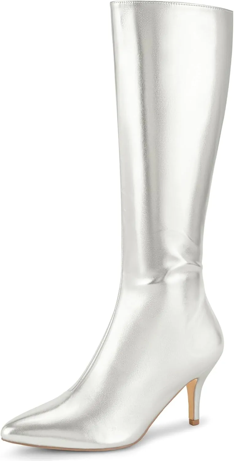 Perphy Pointed Toe Stiletto Heels Metallic Knee High Boots for Women