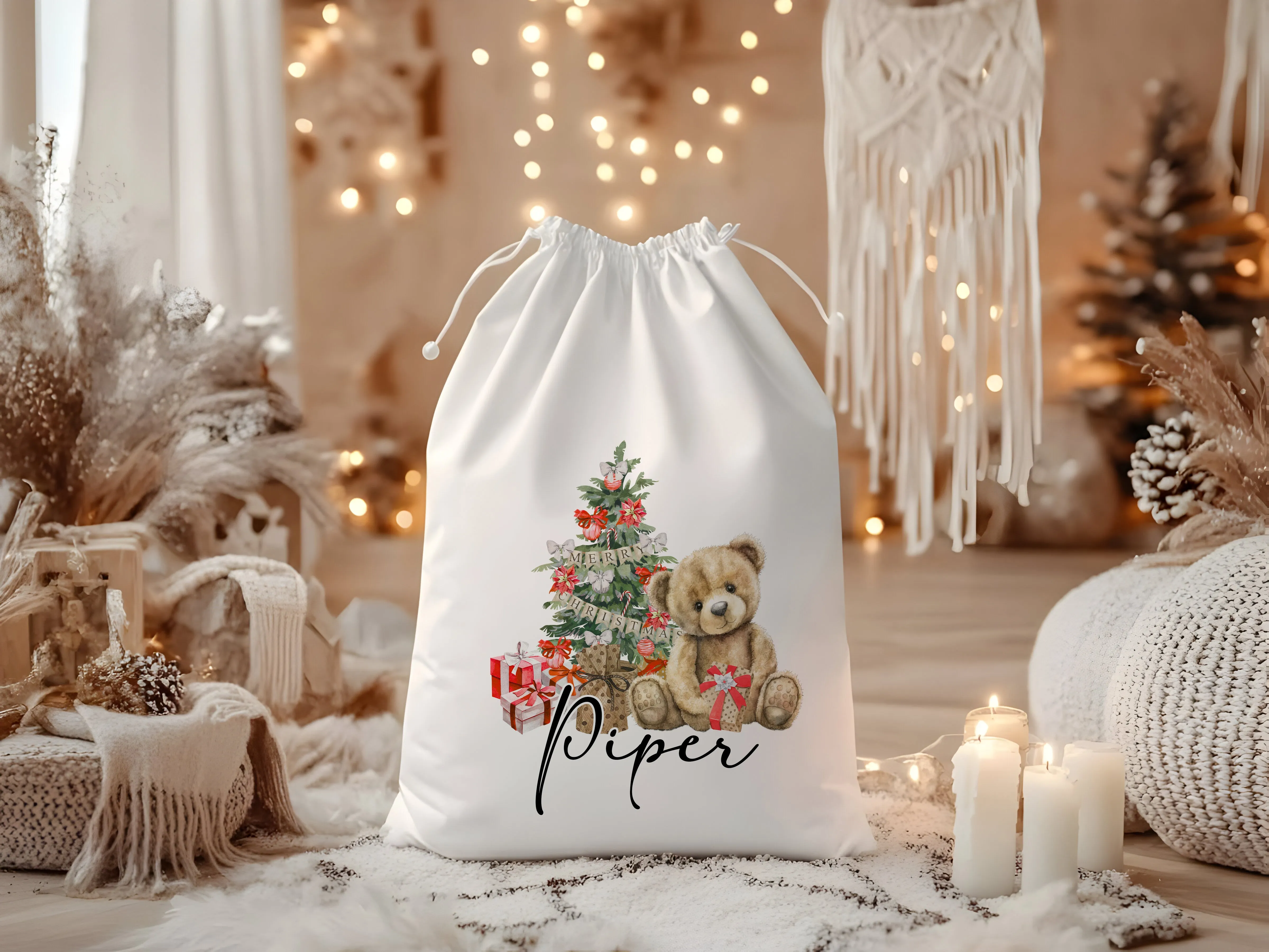 Personalised Traditional Santa Sack, Teddy Bear Christmas Eve Treats Bag