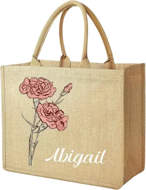 Personalized Burlap Tote Bags with Birth Flower,Custom Beach Tote Bag with Name,for Bridesmaid Wedding Decoration