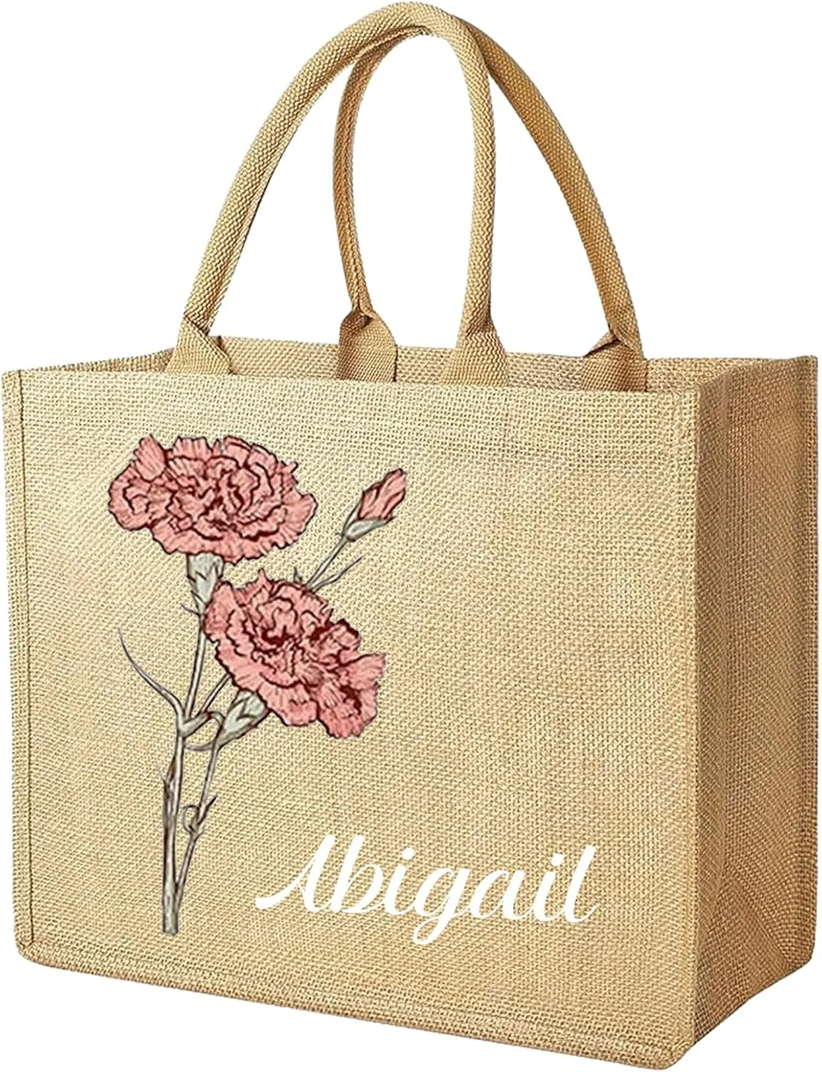 Personalized Burlap Tote Bags with Birth Flower,Custom Beach Tote Bag with Name,for Bridesmaid Wedding Decoration