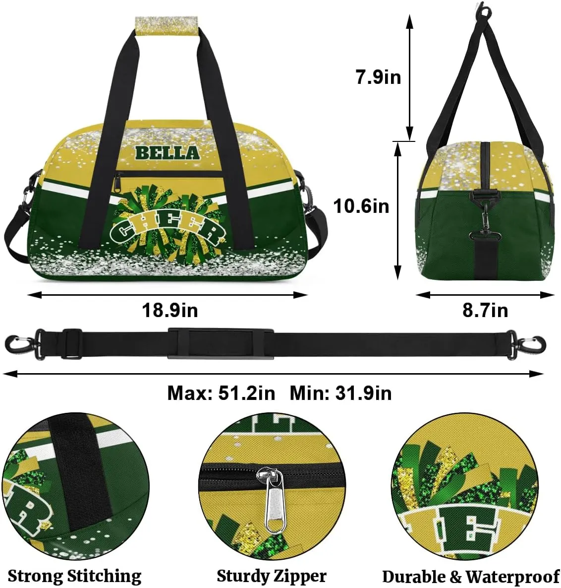 Personalized Cheer Bag Dance Bag for Girl, Custom Gym Bag Sport Duffel Bag, Weekender Bags Travel Duffel Bag Green Gold Glam