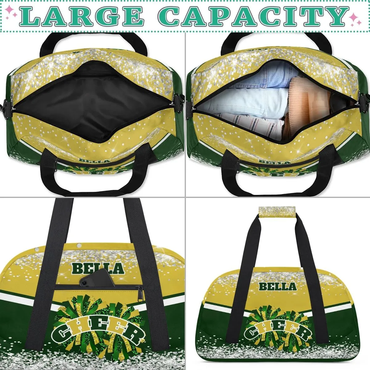 Personalized Cheer Bag Dance Bag for Girl, Custom Gym Bag Sport Duffel Bag, Weekender Bags Travel Duffel Bag Green Gold Glam