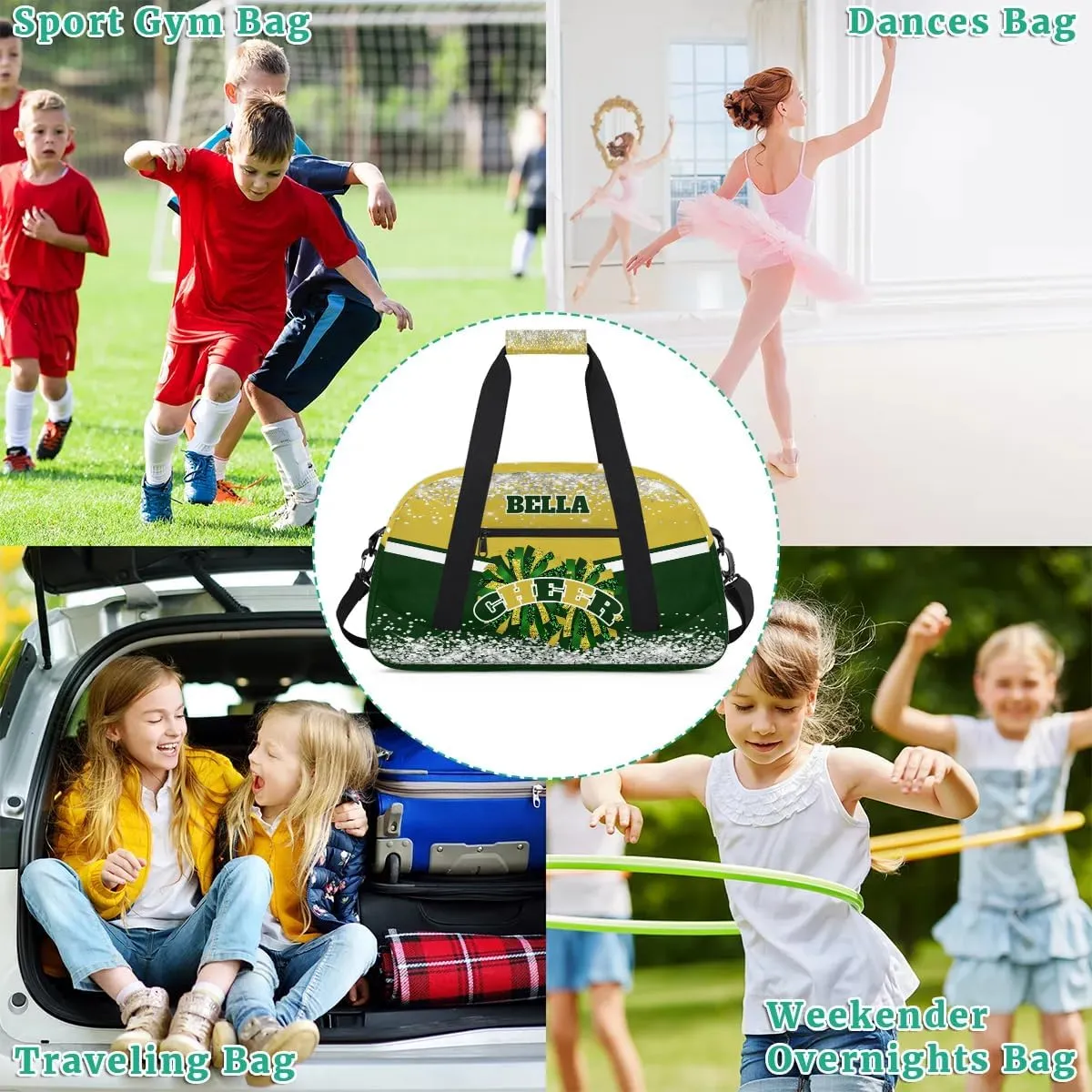 Personalized Cheer Bag Dance Bag for Girl, Custom Gym Bag Sport Duffel Bag, Weekender Bags Travel Duffel Bag Green Gold Glam