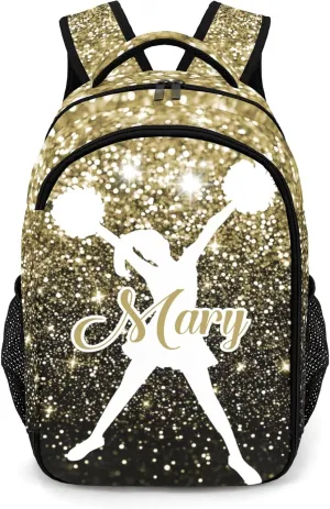 Personalized Cheerleader Backpack Casual Bag Daypack for Women Men Camping Hiking Golden Bling Glitter Print Cheer Simple