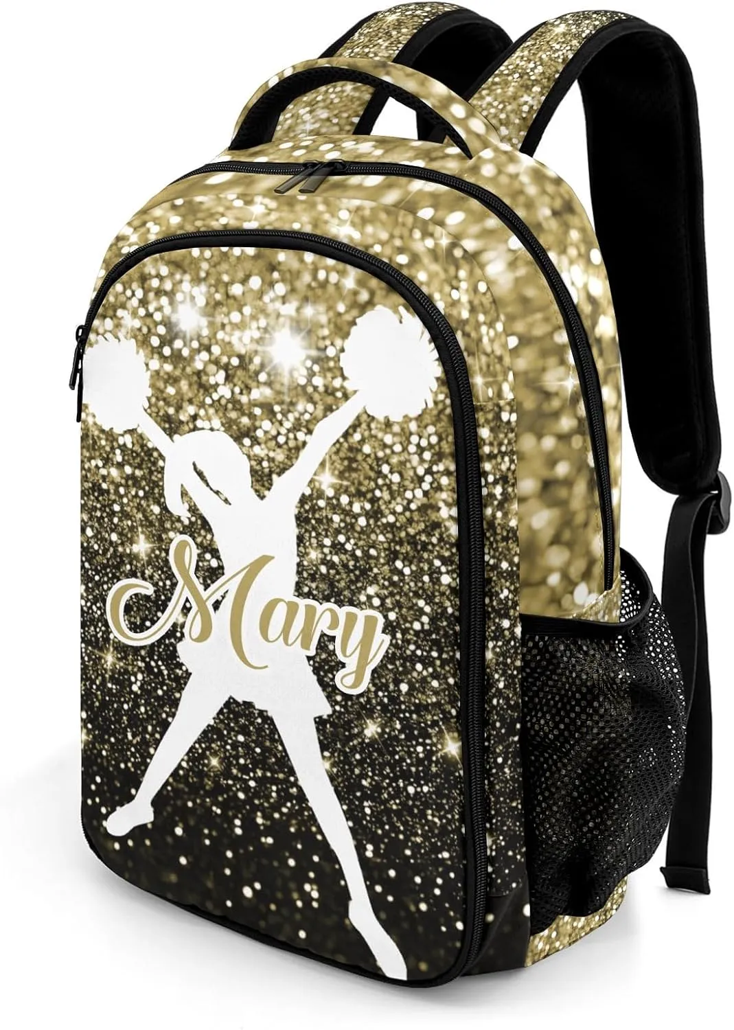 Personalized Cheerleader Backpack Casual Bag Daypack for Women Men Camping Hiking Golden Bling Glitter Print Cheer Simple