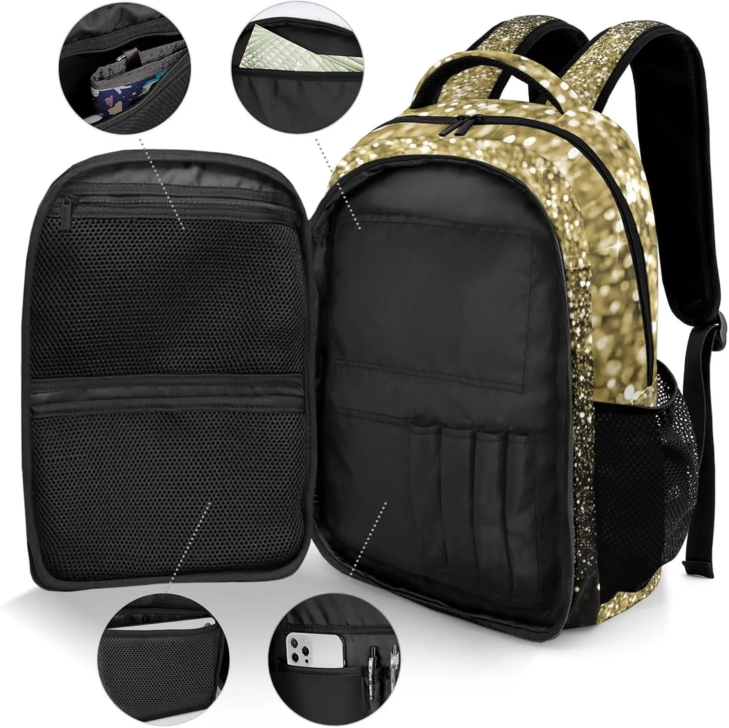 Personalized Cheerleader Backpack Casual Bag Daypack for Women Men Camping Hiking Golden Bling Glitter Print Cheer Simple