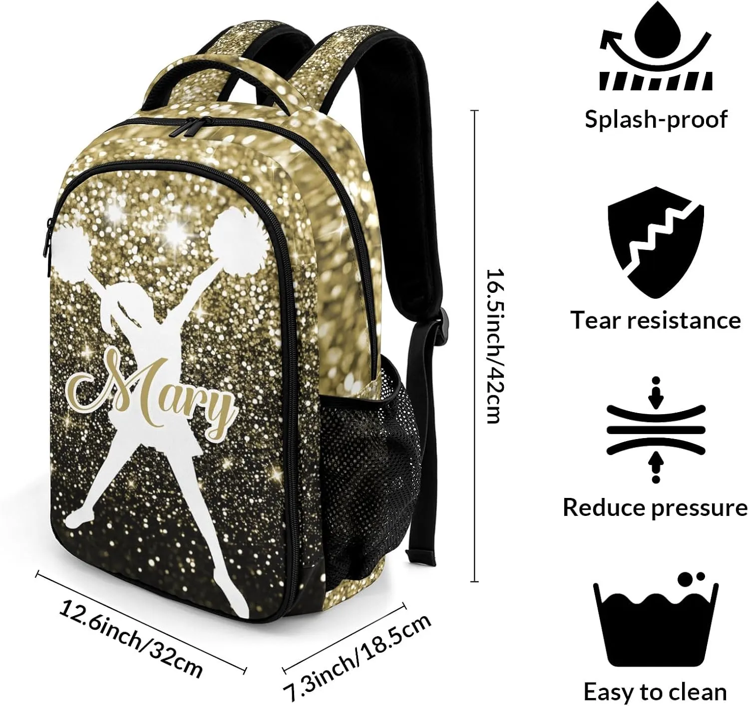Personalized Cheerleader Backpack Casual Bag Daypack for Women Men Camping Hiking Golden Bling Glitter Print Cheer Simple