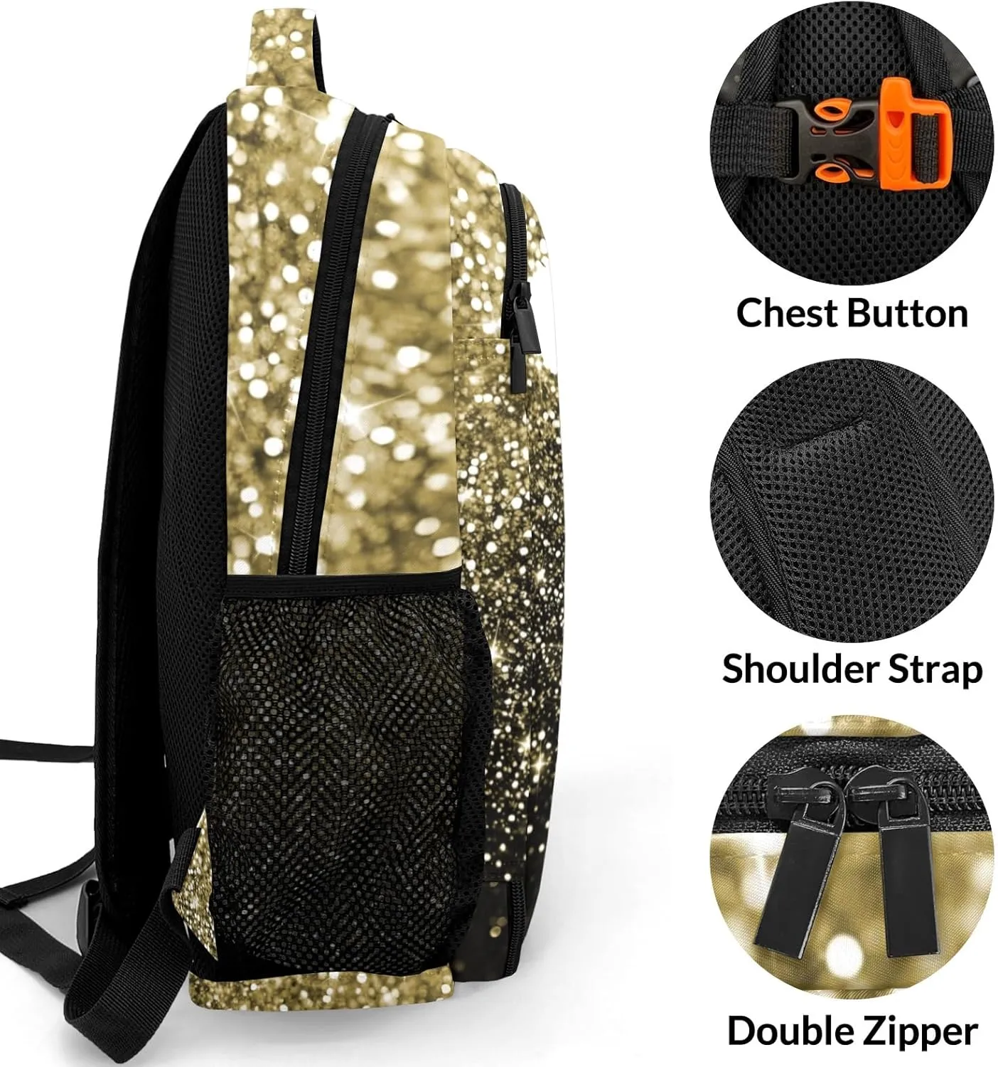 Personalized Cheerleader Backpack Casual Bag Daypack for Women Men Camping Hiking Golden Bling Glitter Print Cheer Simple