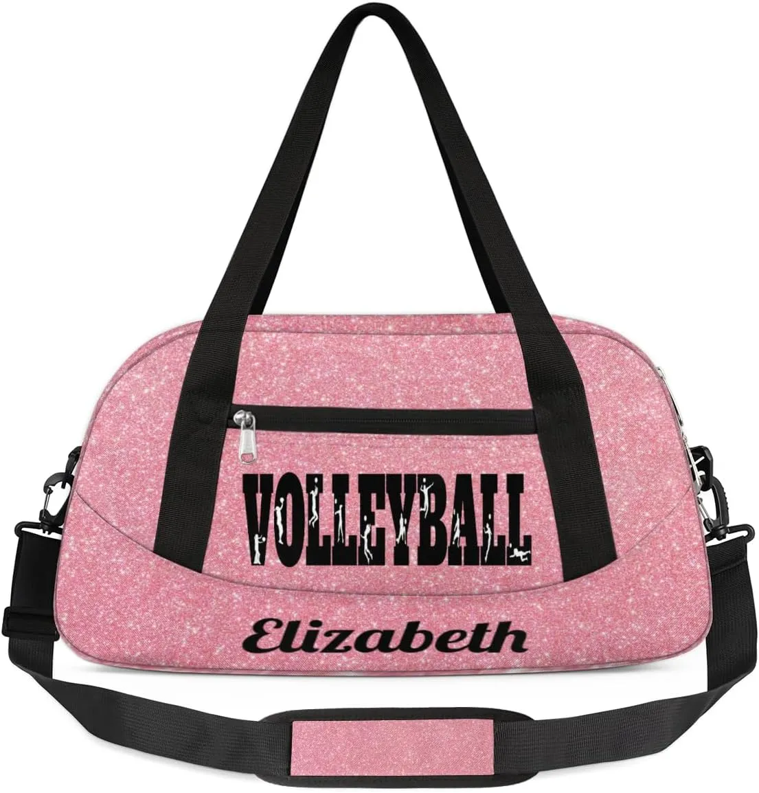 Personalized Custom Girls Dance Bag, Custom Name Sports Gym Bag Kids Duffel Bags Customized Travel Duffel Bag Overnight Weekender Sleepover Tote Bag for Girls, Rose Golden Glitter Sports Volleyball