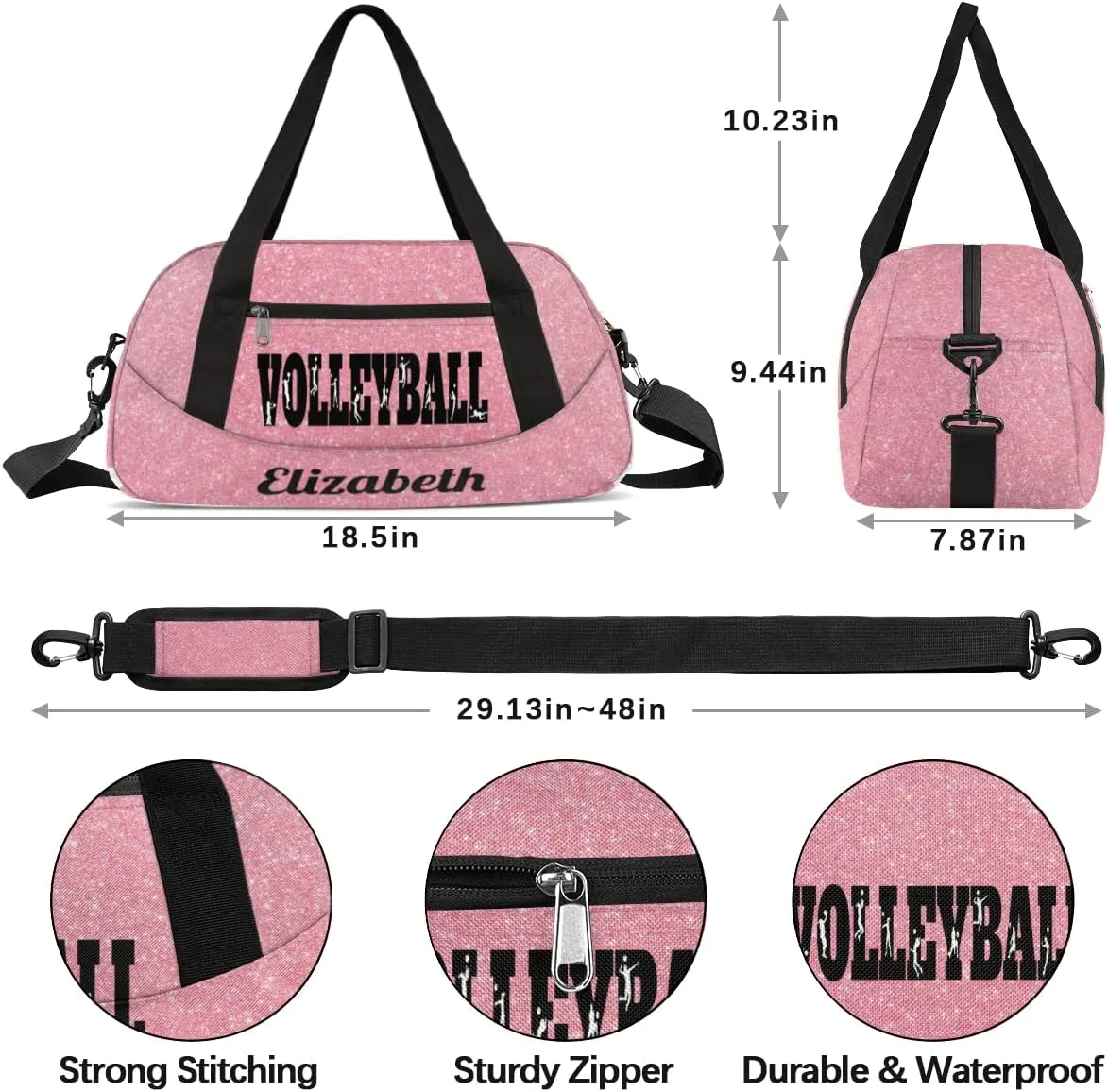 Personalized Custom Girls Dance Bag, Custom Name Sports Gym Bag Kids Duffel Bags Customized Travel Duffel Bag Overnight Weekender Sleepover Tote Bag for Girls, Rose Golden Glitter Sports Volleyball