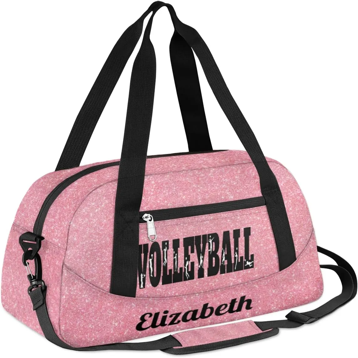 Personalized Custom Girls Dance Bag, Custom Name Sports Gym Bag Kids Duffel Bags Customized Travel Duffel Bag Overnight Weekender Sleepover Tote Bag for Girls, Rose Golden Glitter Sports Volleyball