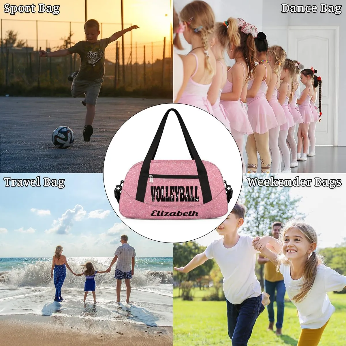 Personalized Custom Girls Dance Bag, Custom Name Sports Gym Bag Kids Duffel Bags Customized Travel Duffel Bag Overnight Weekender Sleepover Tote Bag for Girls, Rose Golden Glitter Sports Volleyball