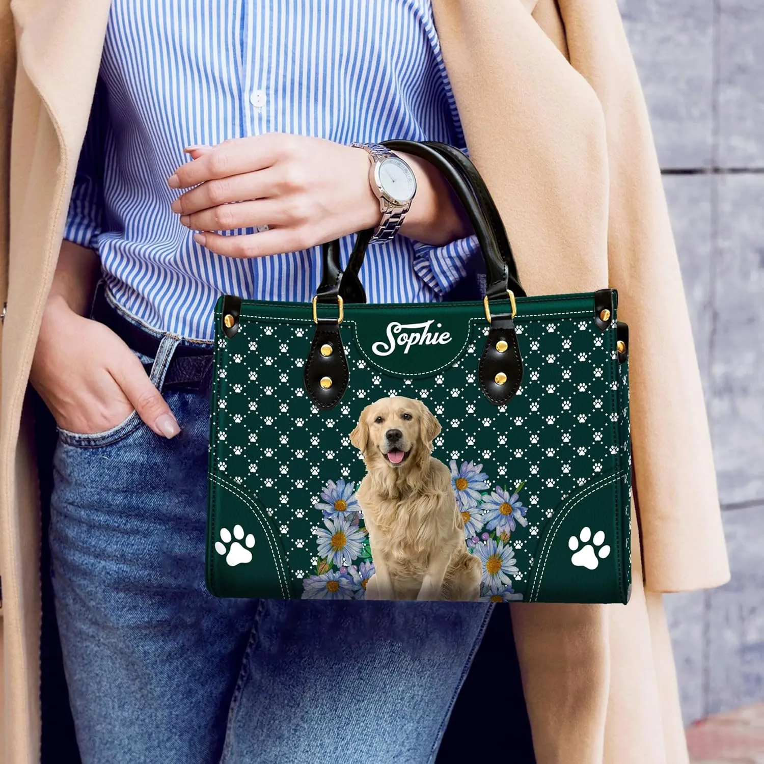 Personalized Golden Retriever Dog Handbags, Custom Name Dog Leather Bags, Purses, Shoulder Bag, Gift For Dog Mom Dog Lover