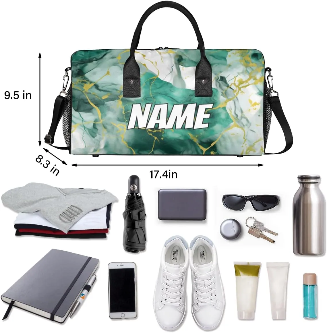 Personalized Marble Art Travel Duffel Bag with Name, Custom Gym Sport Bag Gold Marble Carry On Weekend Overnight Duffel Bag for Men Women