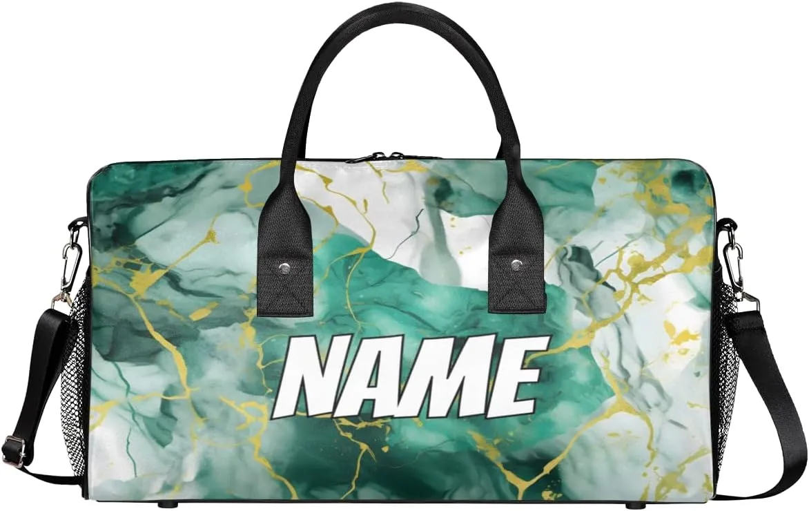 Personalized Marble Art Travel Duffel Bag with Name, Custom Gym Sport Bag Gold Marble Carry On Weekend Overnight Duffel Bag for Men Women