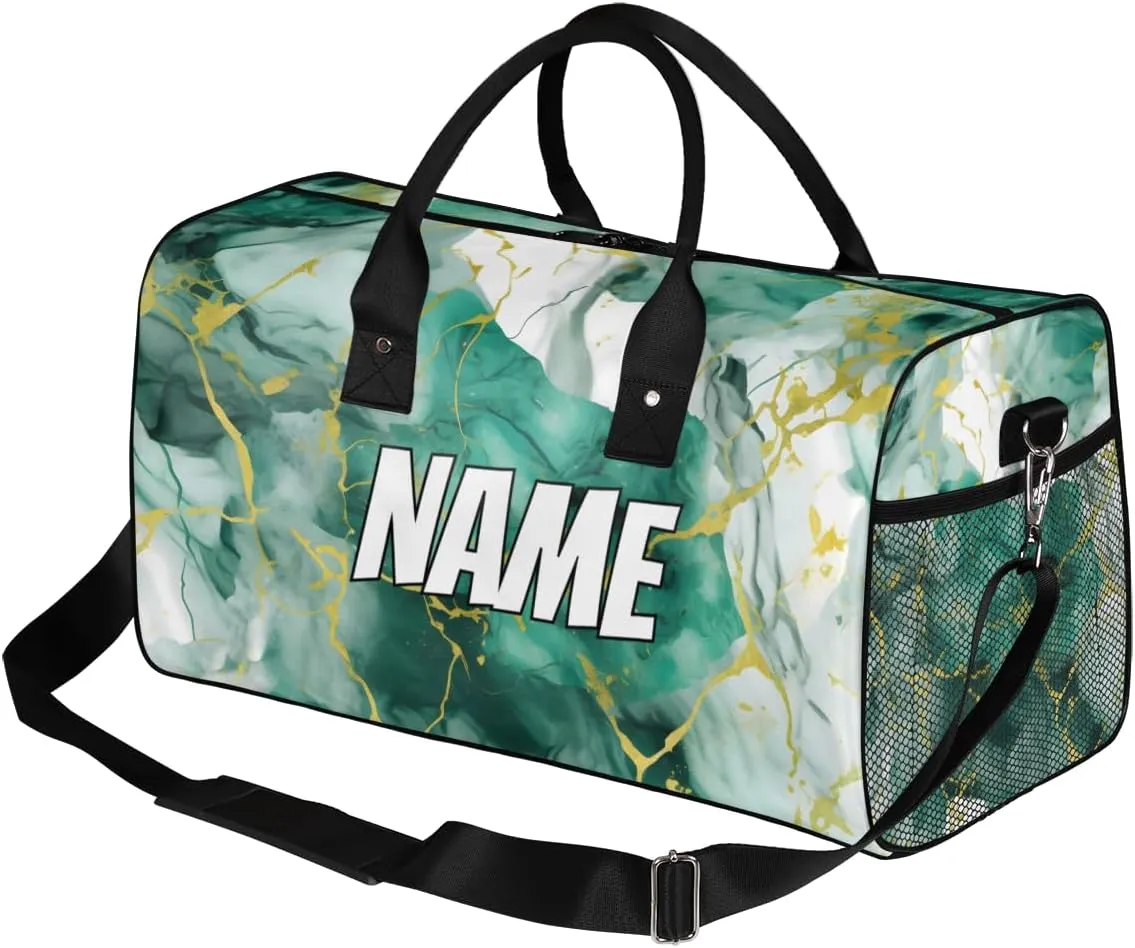 Personalized Marble Art Travel Duffel Bag with Name, Custom Gym Sport Bag Gold Marble Carry On Weekend Overnight Duffel Bag for Men Women