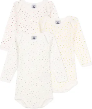 Petit Bateau Babies' Heart Patterned Long-Sleeved Cotton Bodysuits - 3-Pack SIZES 3-36 MONTH