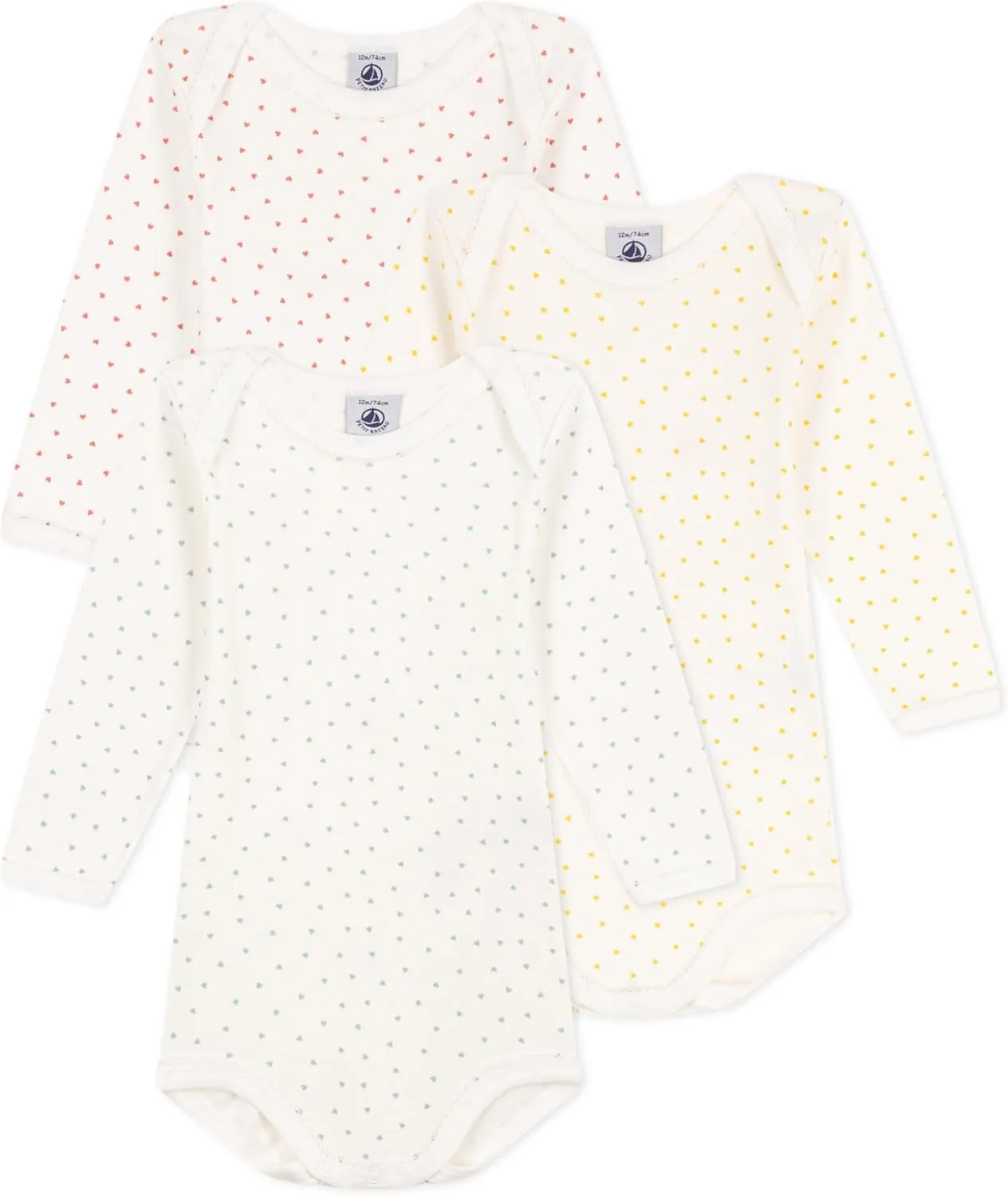 Petit Bateau Babies' Heart Patterned Long-Sleeved Cotton Bodysuits - 3-Pack SIZES 3-36 MONTH