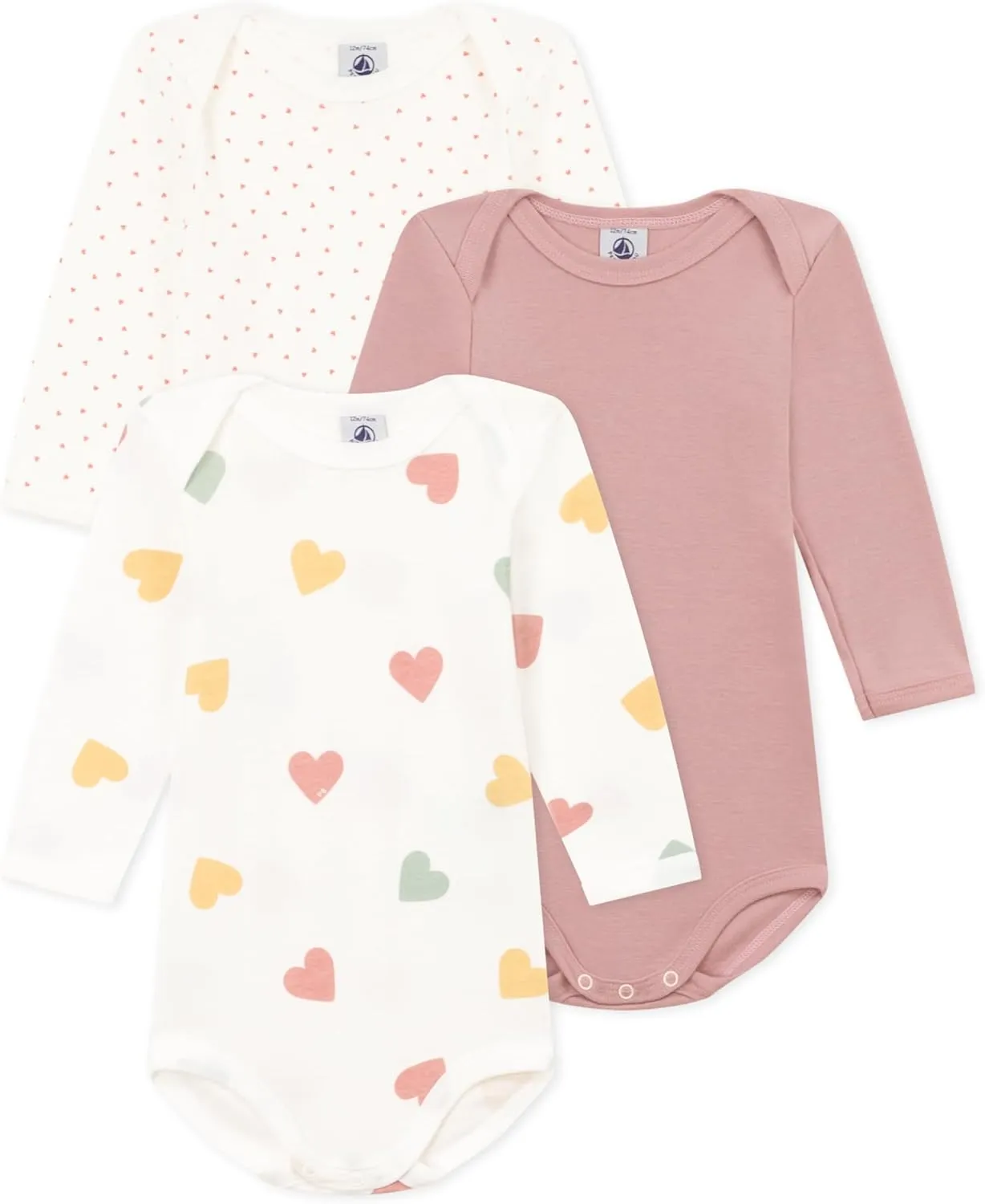 Petit Bateau Babies' Heart Patterned Long-Sleeved Cotton Bodysuits - 3-Pack SIZES 3-36 MONTHS