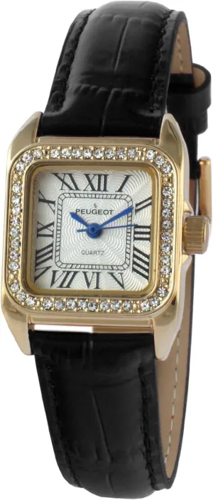Peugeot Women's 14K Gold-Plated Tank Crystal Bezel Roman Numeral Black Leather Band Watch 3052BK