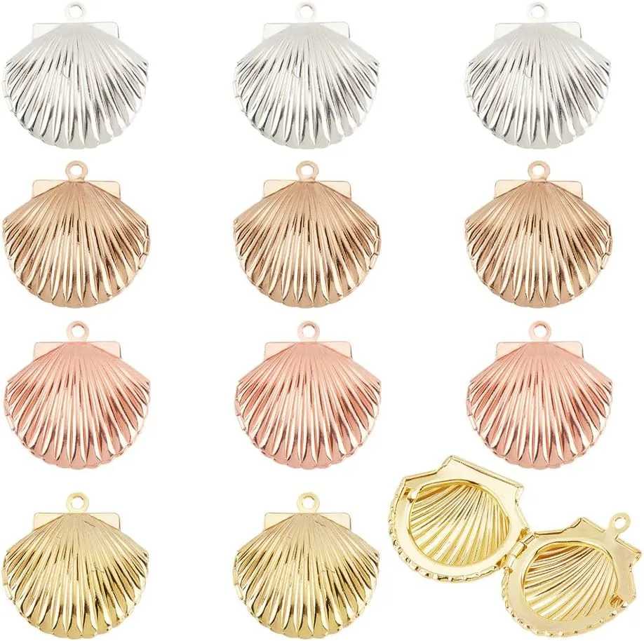 PH PandaHall 12pcs Shell Locket Charms 3 Colors Photo Frame Charm Memorial Collection Charm Brass Locket Charms Pendants for Summer DIY Necklace Jewelry Bracelet Jewelry Keychain Making
