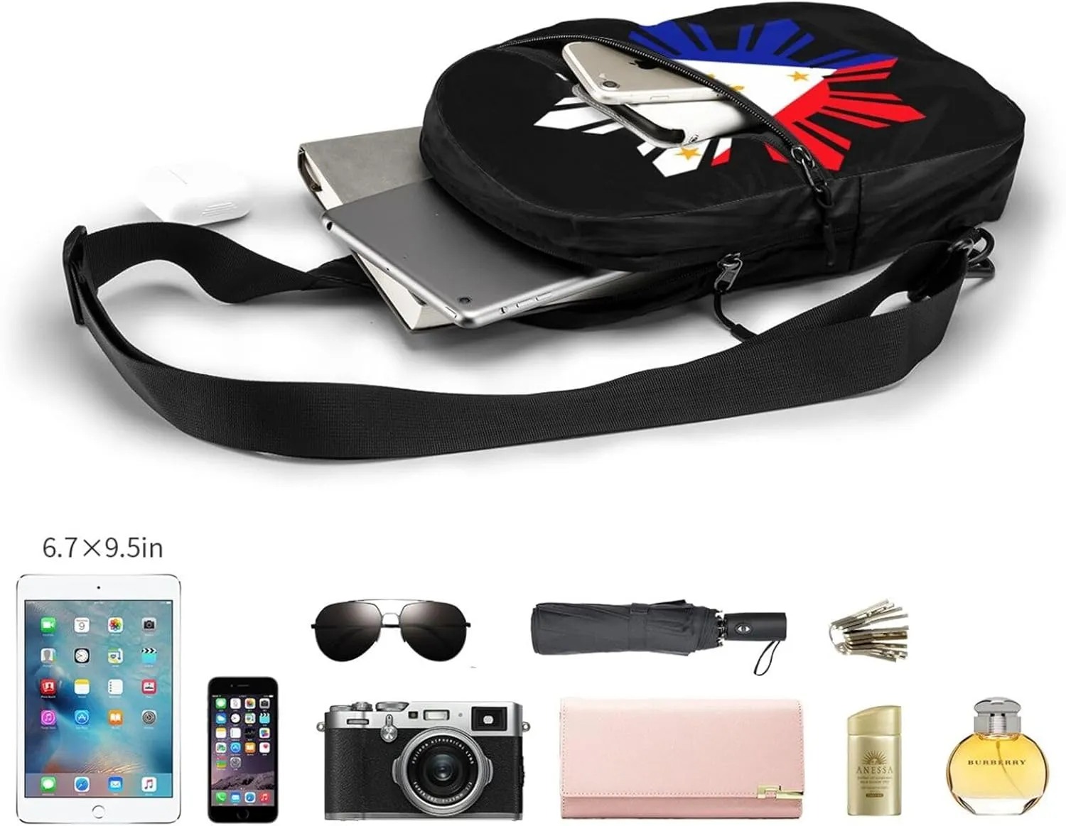 Philippine Sun Flag Packable Crossbody Bag Portable Sling Bags Foldable Travel Daypack Reusable Sports Shoulder Backpack Diagonally Chest Bag for Workout