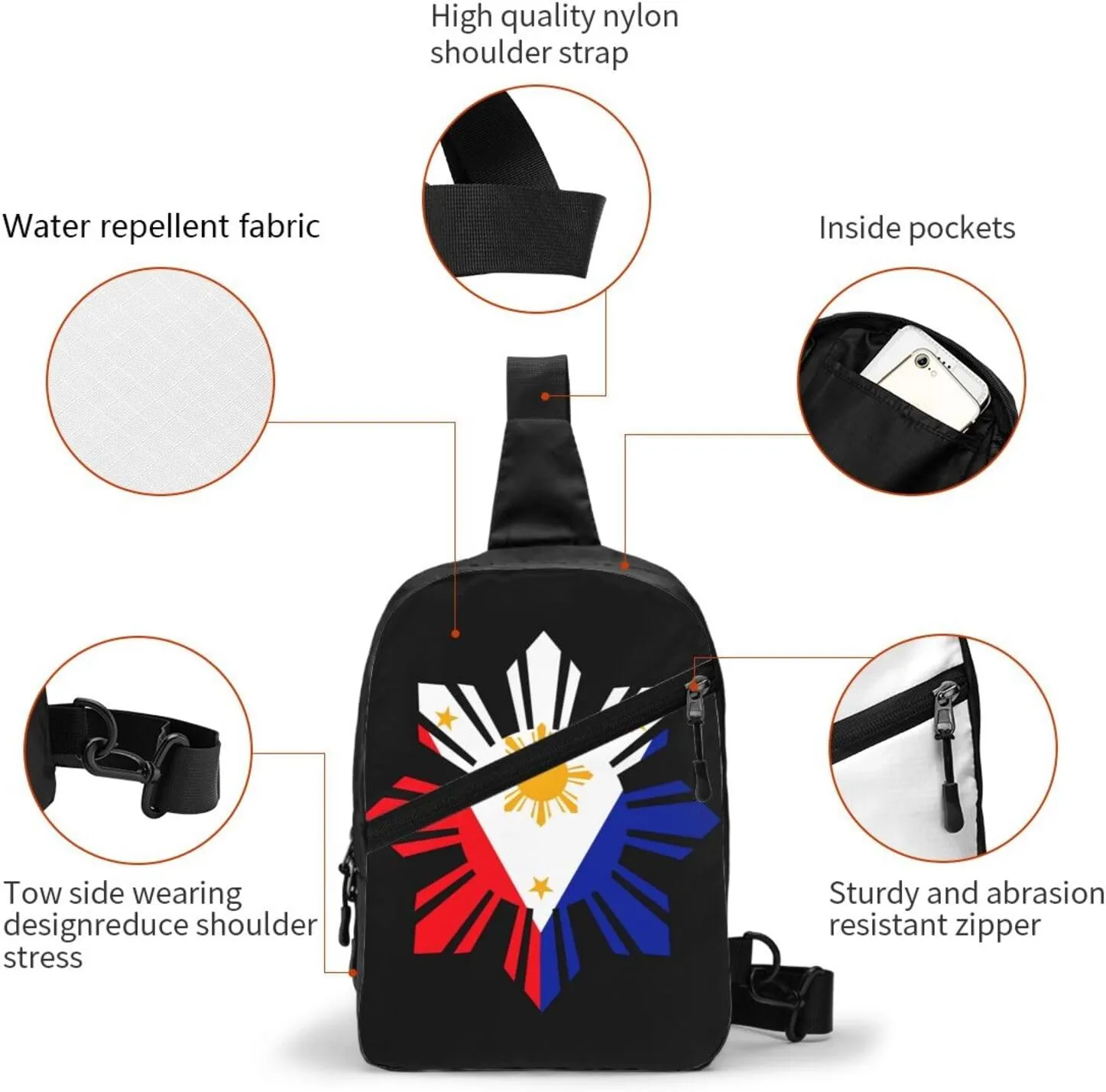 Philippine Sun Flag Packable Crossbody Bag Portable Sling Bags Foldable Travel Daypack Reusable Sports Shoulder Backpack Diagonally Chest Bag for Workout