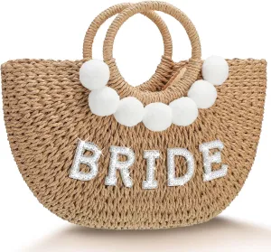Pinkunn Bride Gift Beach Bag Mrs Handwoven Straw Bag Rhinestone Pearl Letters Purse Bachelorette Wedding Honeymoon Essentials