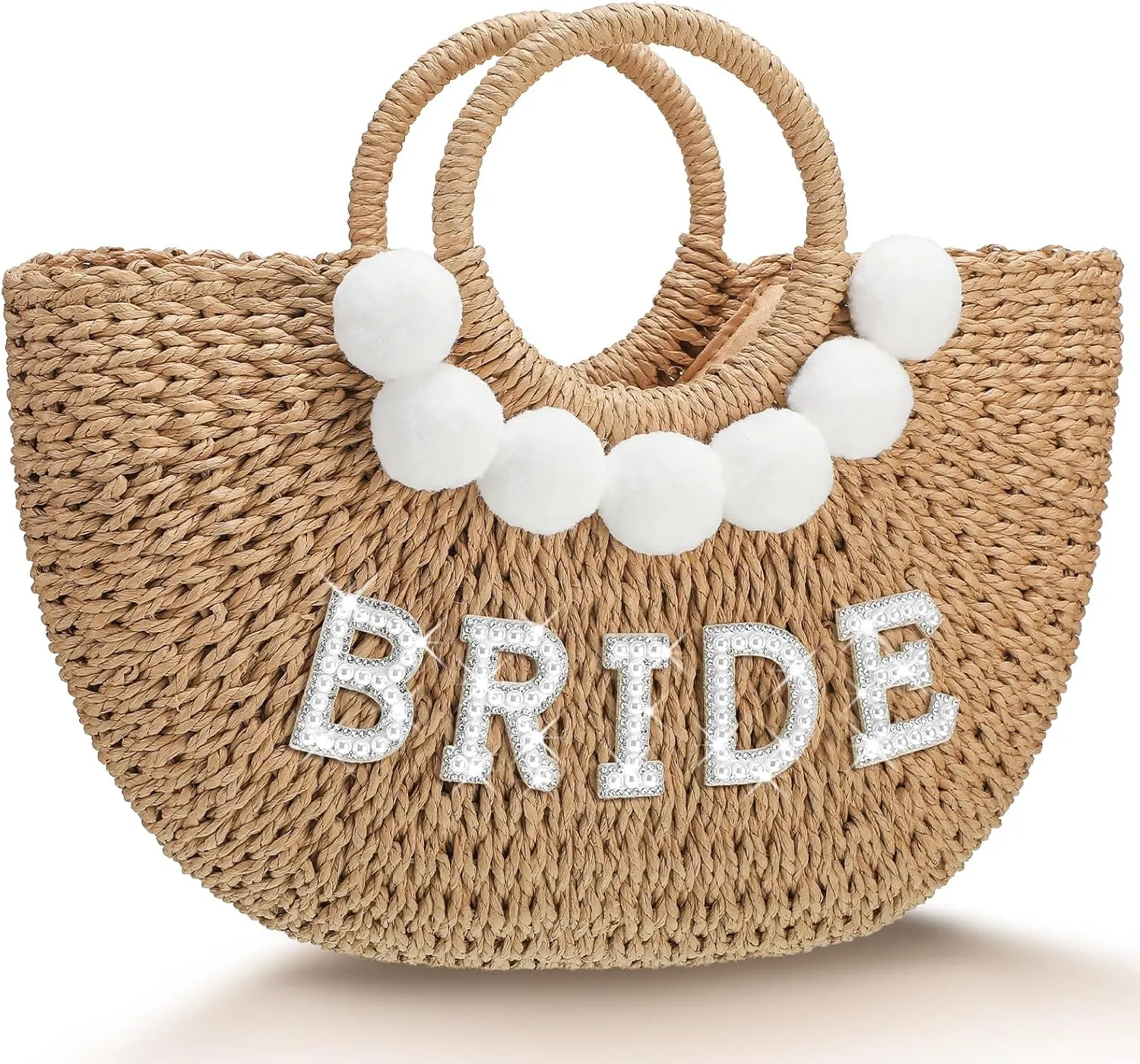 Pinkunn Bride Gift Beach Bag Mrs Handwoven Straw Bag Rhinestone Pearl Letters Purse Bachelorette Wedding Honeymoon Essentials