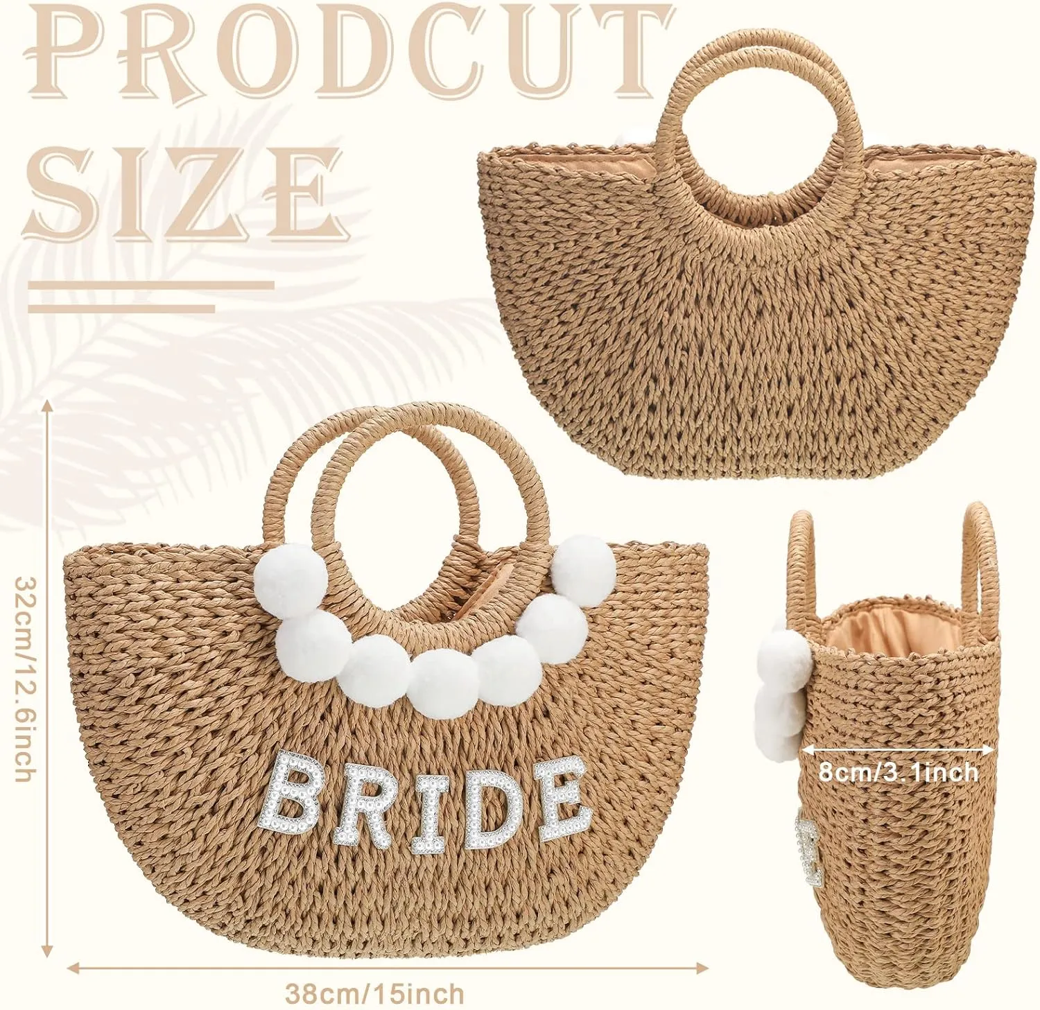 Pinkunn Bride Gift Beach Bag Mrs Handwoven Straw Bag Rhinestone Pearl Letters Purse Bachelorette Wedding Honeymoon Essentials