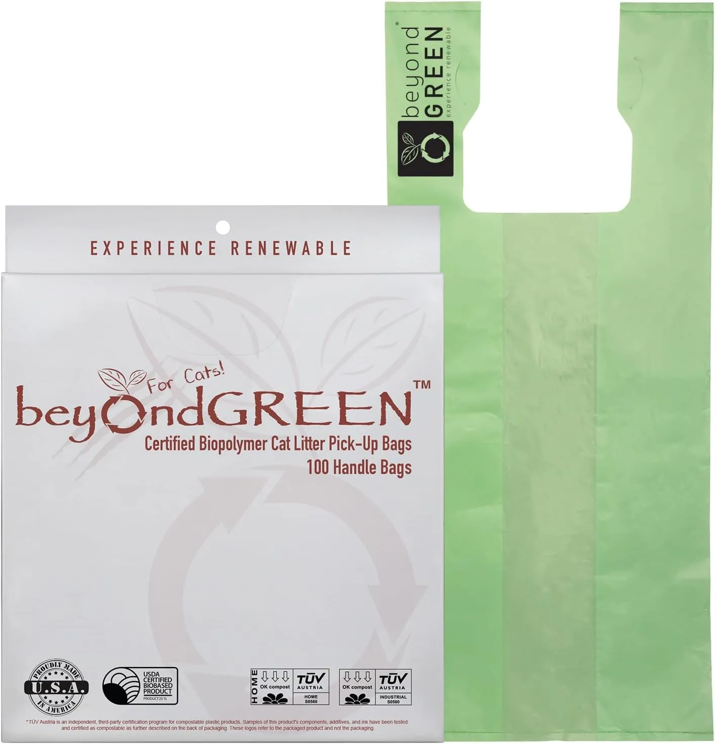 Plant-Based Cat Litter Poop Waste Pick-Up Bags with Handles - 100 Bags - 10 in x 20 in