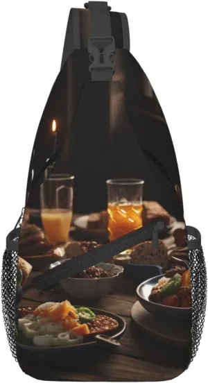 Plate Full of Food on Table Sling Backpack for Women Men Cross Chest Bag Diagonally Crossbody Shoulder Bag Travel