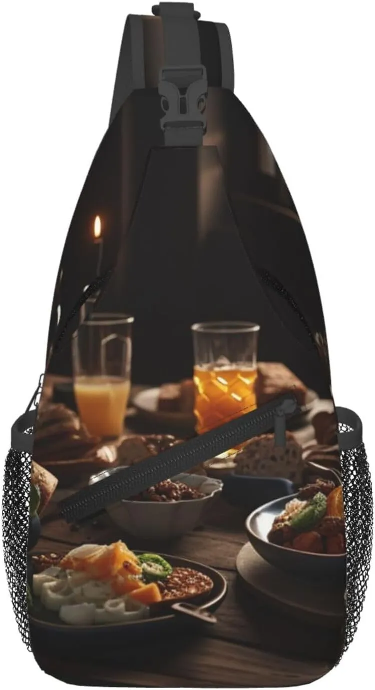 Plate Full of Food on Table Sling Backpack for Women Men Cross Chest Bag Diagonally Crossbody Shoulder Bag Travel