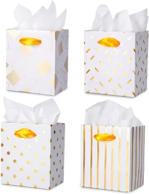 Plauthus 16 Pack Mini Gift Bags with Handles & Tissue Paper, Cute Assorted Pattern Small Gift Bags for Christmas, Holiday, Wedding, Baby Shower, Birthday Party (Gold & White-4.5” x4” x2.75”)