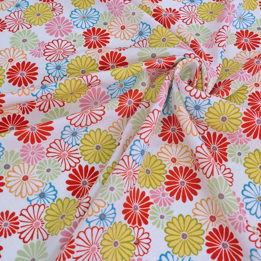 Polyester Chirimen Crepe Colorful Chrysanthemum Blooms White (Length) 1＝0.25yard