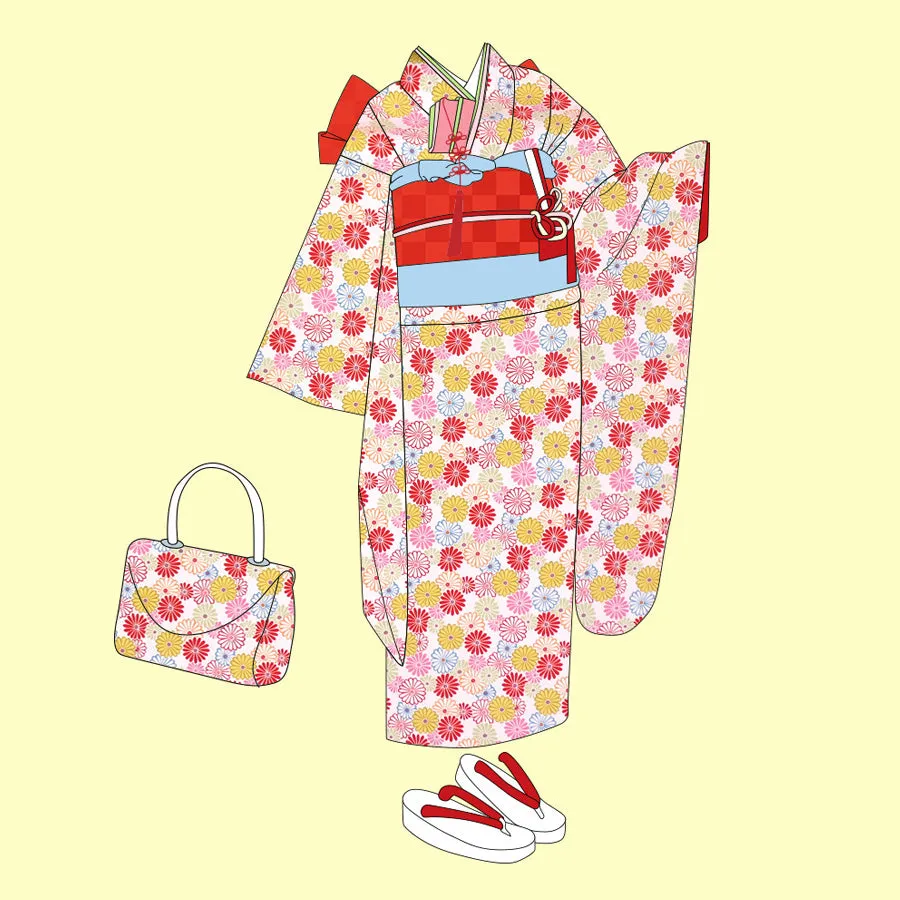 Polyester Chirimen Crepe Colorful Chrysanthemum Blooms White (Length) 1＝0.25yard