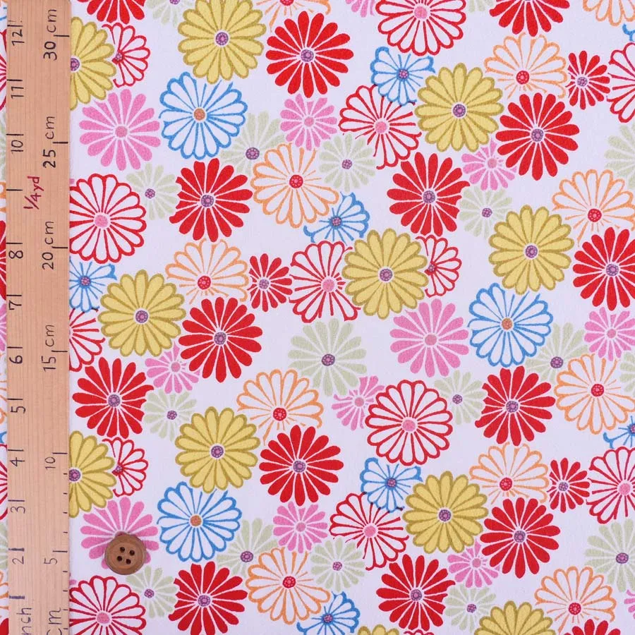 Polyester Chirimen Crepe Colorful Chrysanthemum Blooms White (Length) 1＝0.25yard