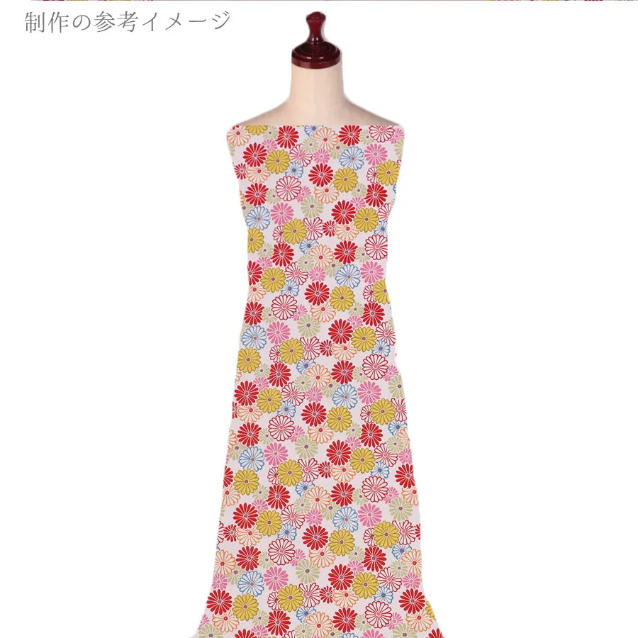 Polyester Chirimen Crepe Colorful Chrysanthemum Blooms White (Length) 1＝0.25yard