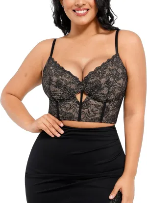 Popilush Bustier Corset Crop Tops for Women V Neck Lace Bralette with Underwired Racerback Adjustable Straps